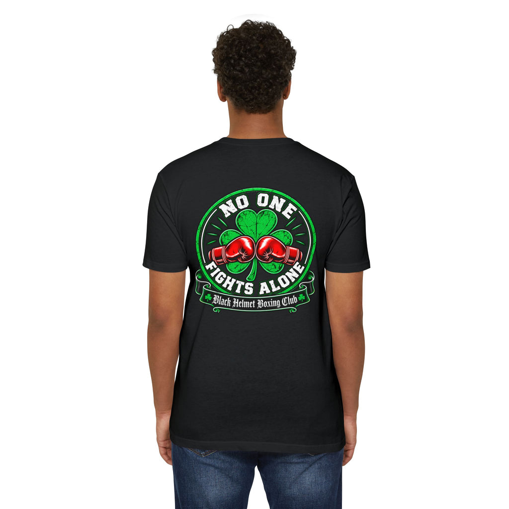 No One Fights Alone Boxing T-Shirt — Red Gloves & Shamrock Tribute