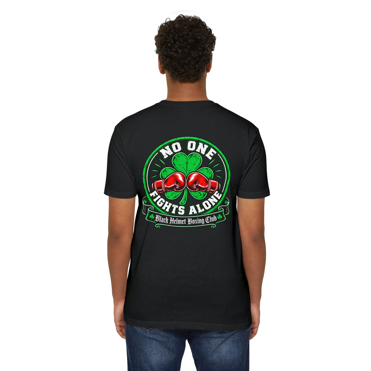 No One Fights Alone Boxing T-Shirt — Red Gloves & Shamrock Tribute