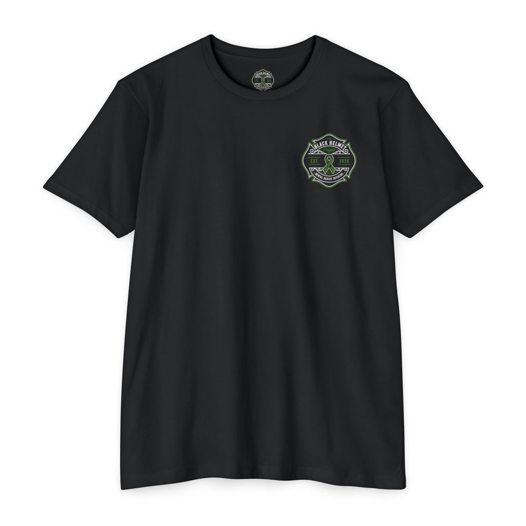 Black Helmet Mental Health Awareness T-Shirt — Green Ribbon Support Tee