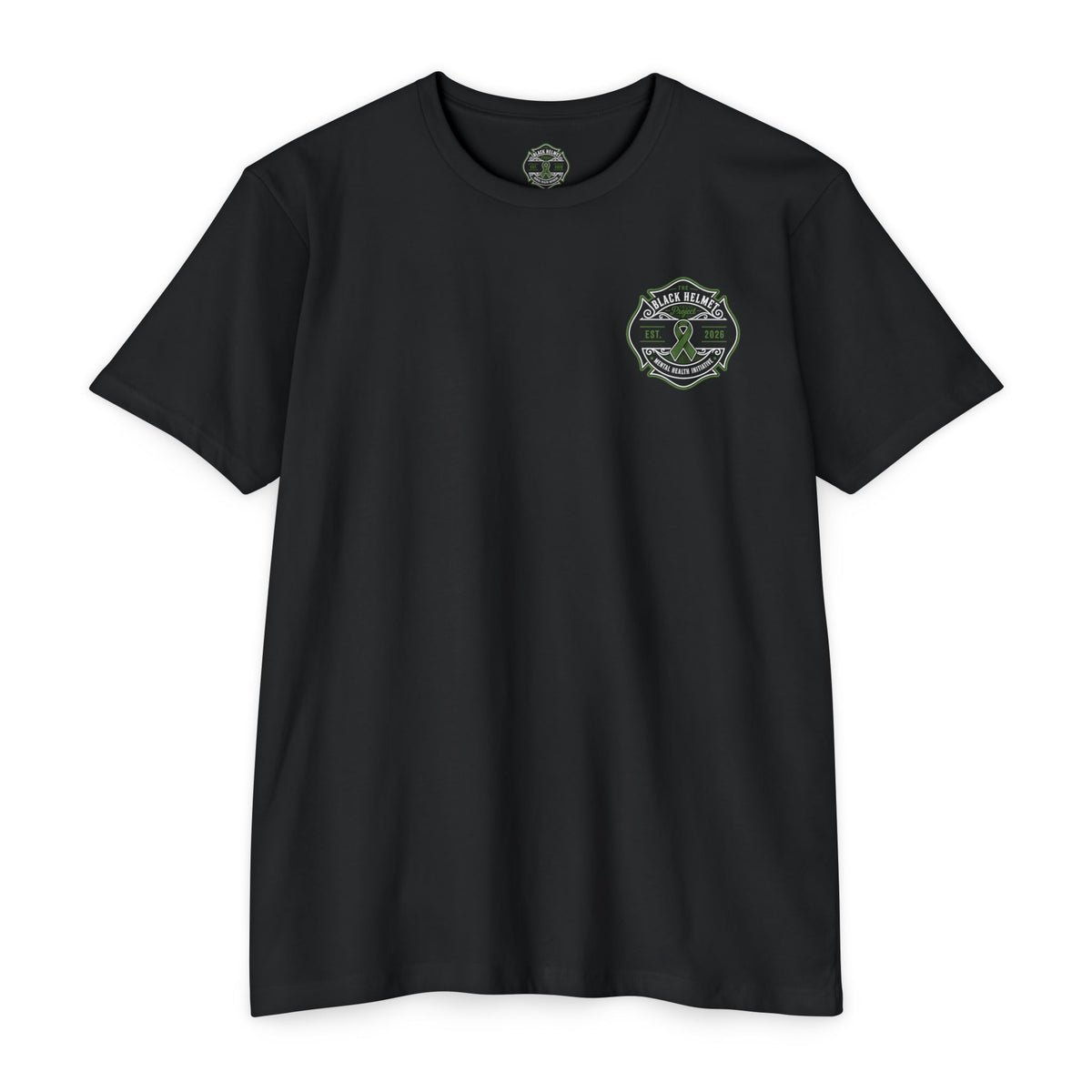 Black Helmet Mental Health Awareness T-Shirt — Green Ribbon Support Tee