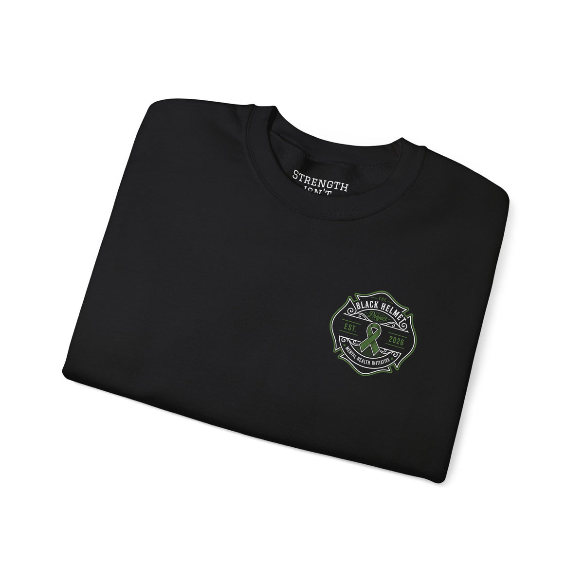 Crewneck Sweatshirt — Black Helmet Mental Health Awareness Badge (Green Ribbon, Est. 2026)