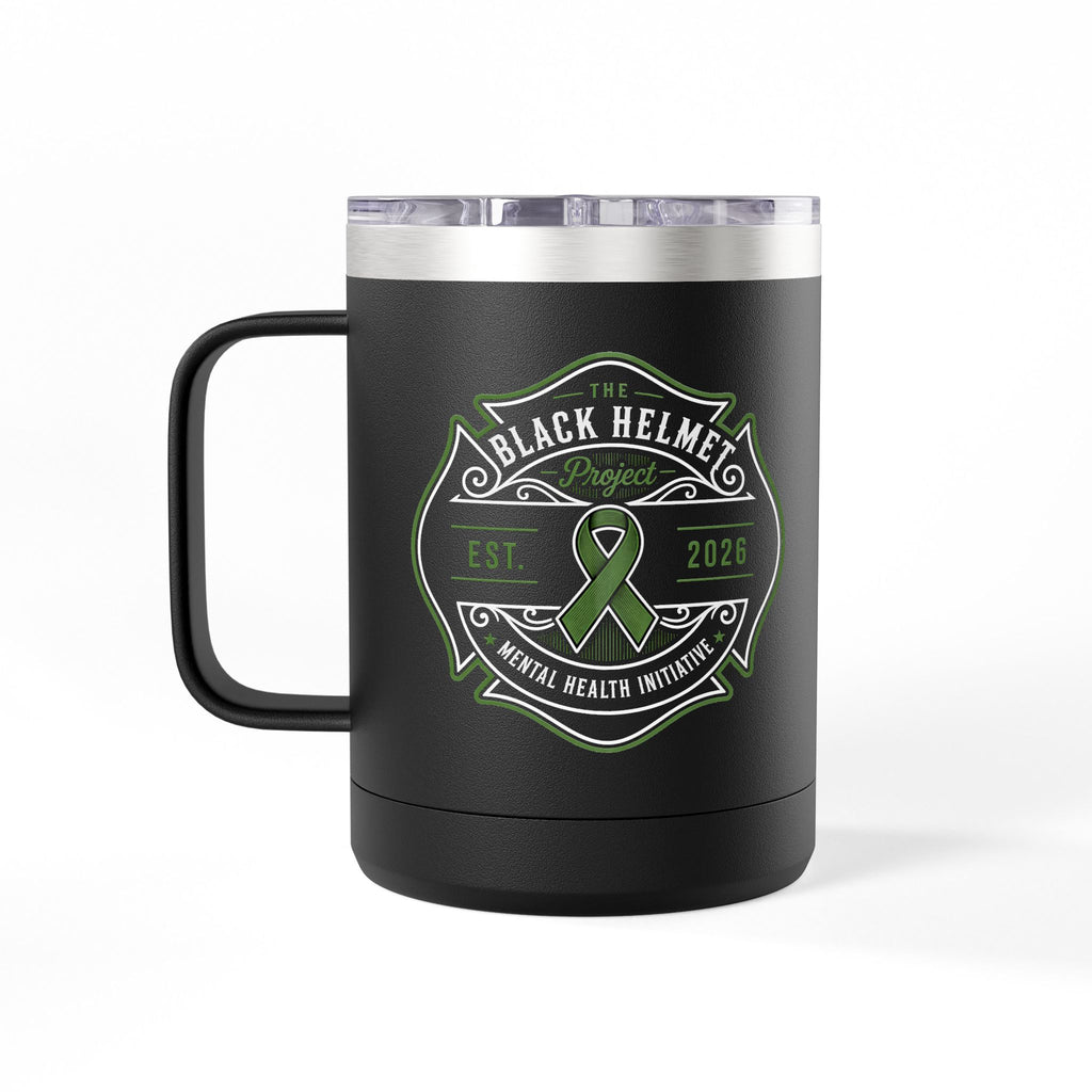 15oz Insulated Black Tumbler Mug with Minimal Cat Outline — Travel Coffee Cup