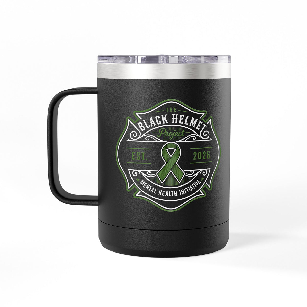 15oz Insulated Black Tumbler Mug with Minimal Cat Outline — Travel Coffee Cup