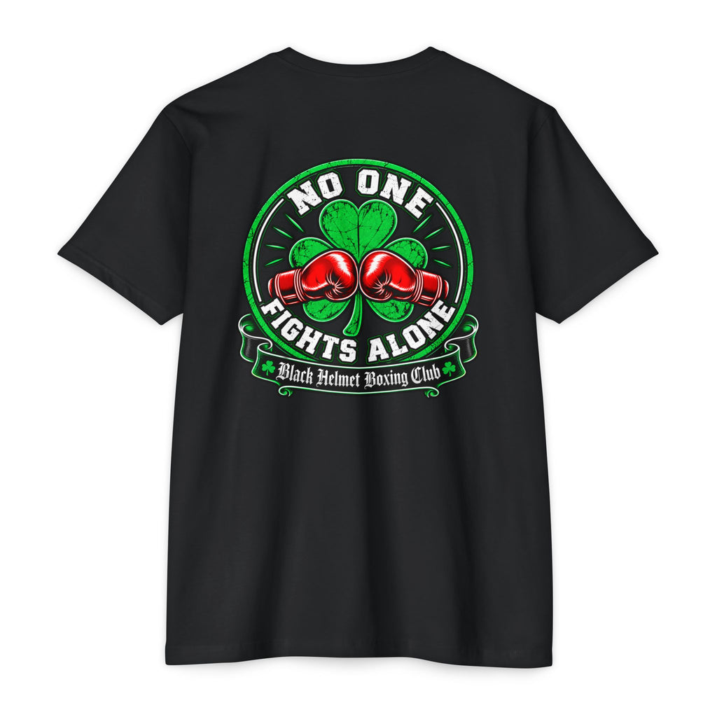 No One Fights Alone Boxing T-Shirt — Red Gloves & Shamrock Tribute