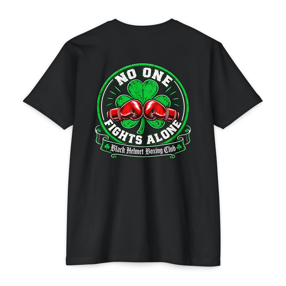 No One Fights Alone Boxing T-Shirt — Red Gloves & Shamrock Tribute
