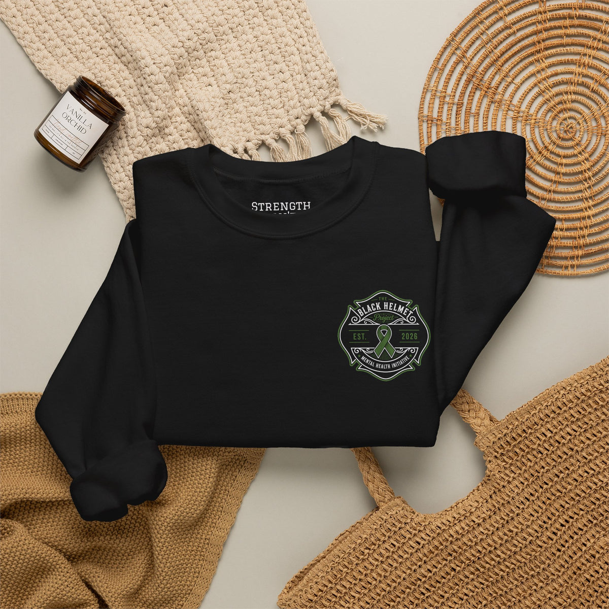 Crewneck Sweatshirt — Black Helmet Mental Health Awareness Badge (Green Ribbon, Est. 2026)