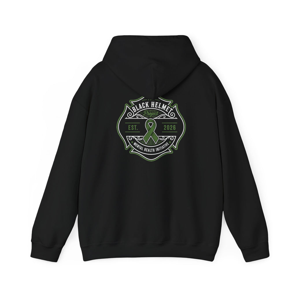 Black Helmet Support Hoodie -  Green Ribbon Firefighter Badge Pullover