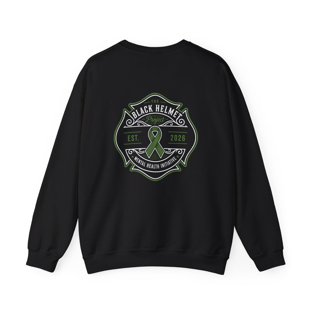 Crewneck Sweatshirt — Black Helmet Mental Health Awareness Badge (Green Ribbon, Est. 2026)