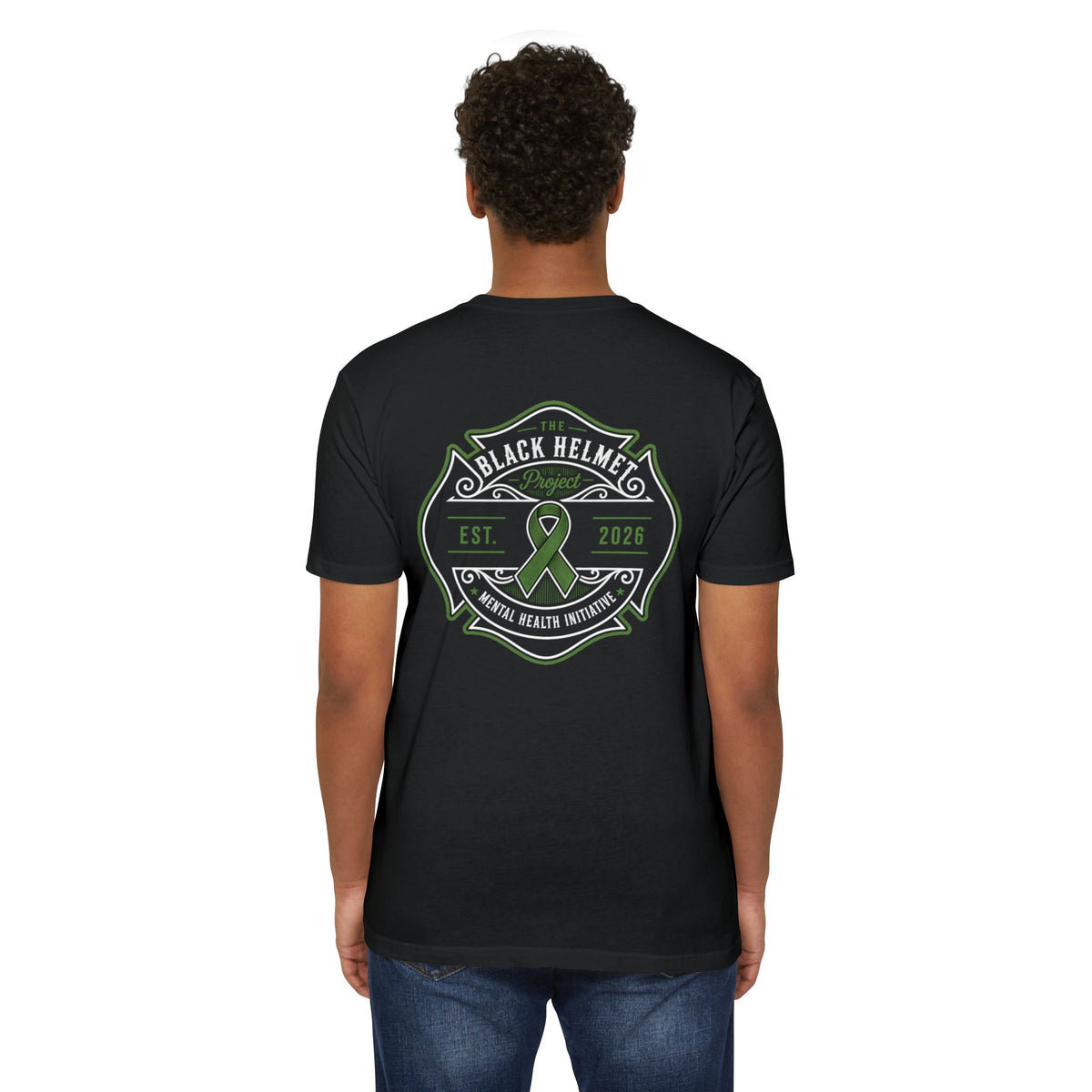 Black Helmet Mental Health Awareness T-Shirt — Green Ribbon Support Tee