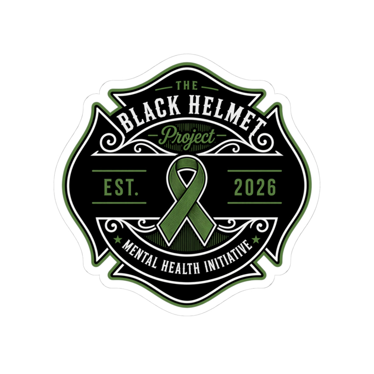 Kiss-Cut Sticker — The Black Helmet Project Mental Health Ribbon (Est. 2026)