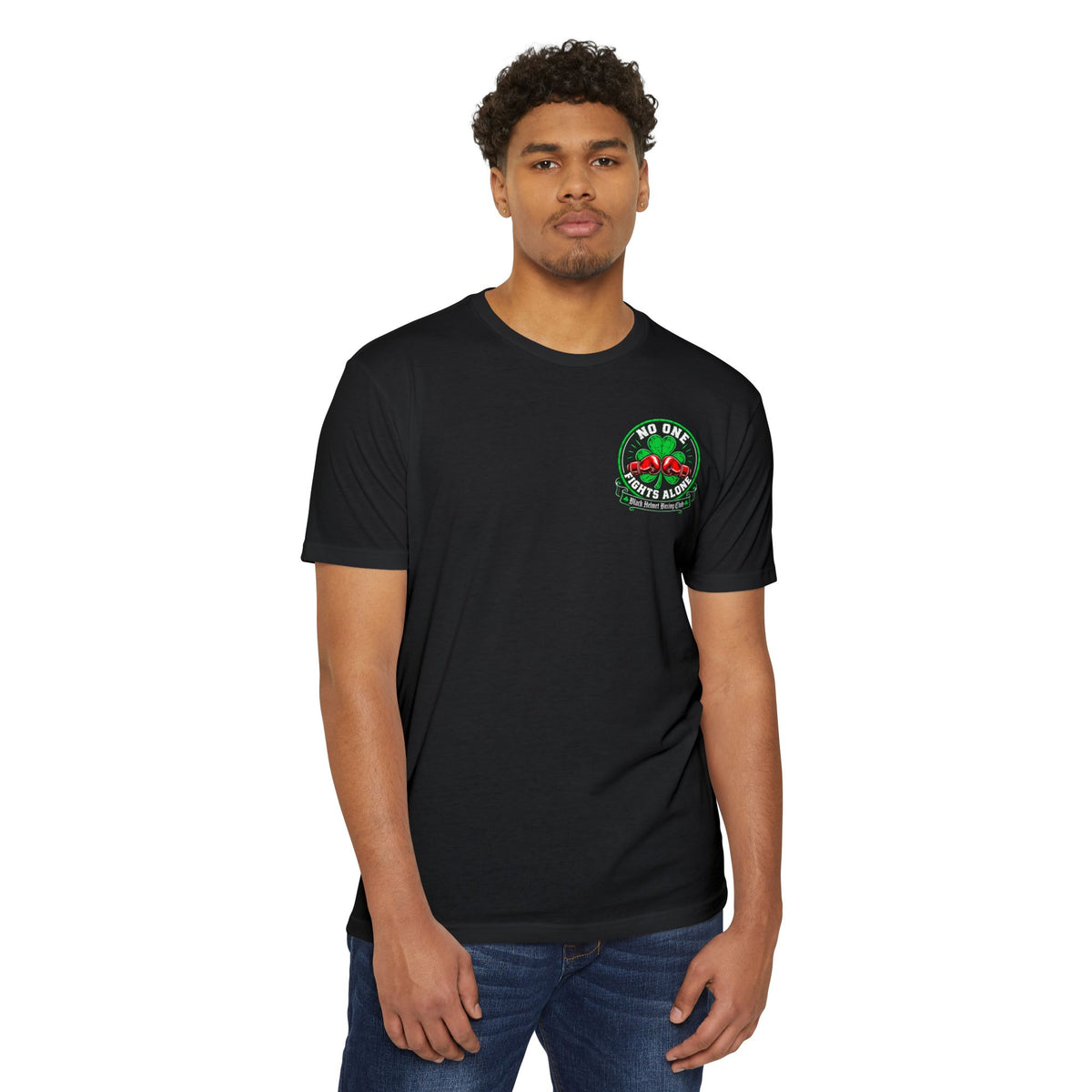 No One Fights Alone Boxing T-Shirt — Red Gloves & Shamrock Tribute