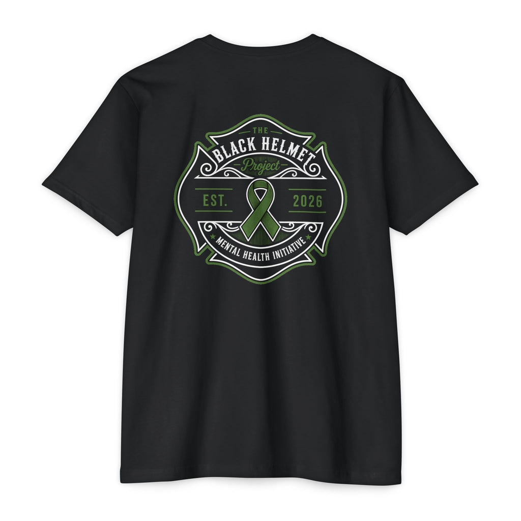 Black Helmet Mental Health Awareness T-Shirt — Green Ribbon Support Tee