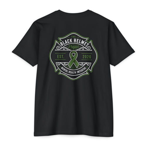 Black Helmet Mental Health Awareness T-Shirt — Green Ribbon Support Tee