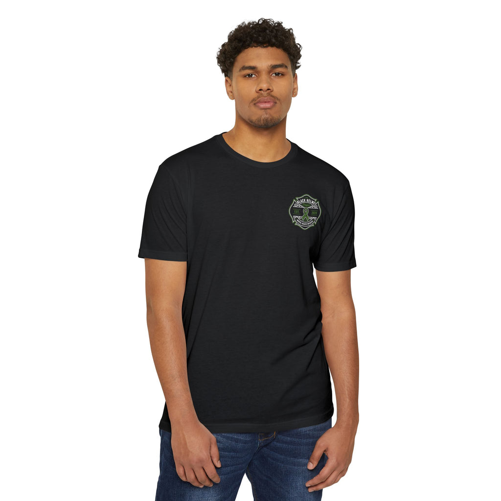 Black Helmet Mental Health Awareness T-Shirt — Green Ribbon Support Tee
