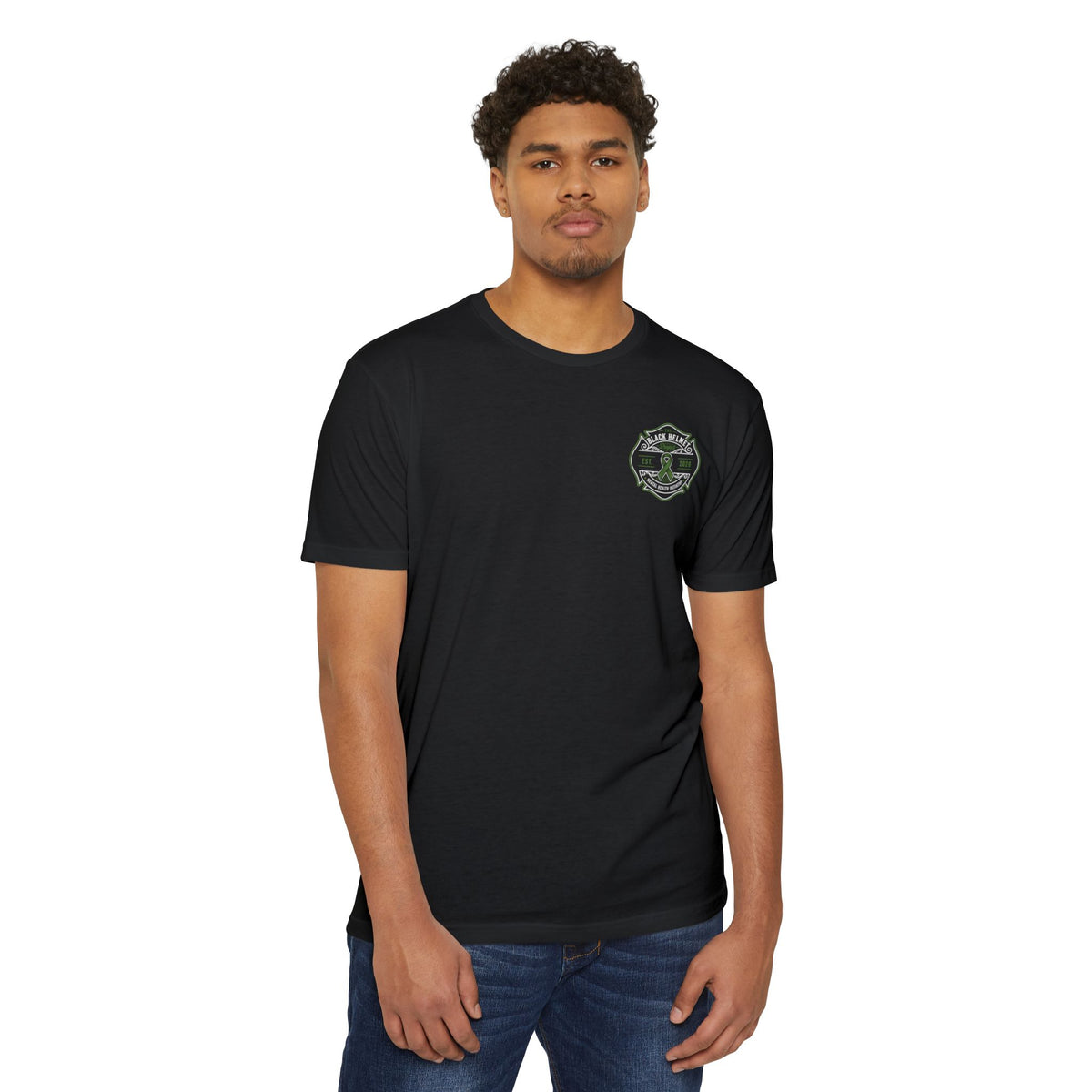 Black Helmet Mental Health Awareness T-Shirt — Green Ribbon Support Tee