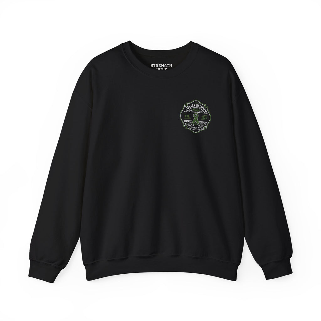 Crewneck Sweatshirt — Black Helmet Mental Health Awareness Badge (Green Ribbon, Est. 2026)