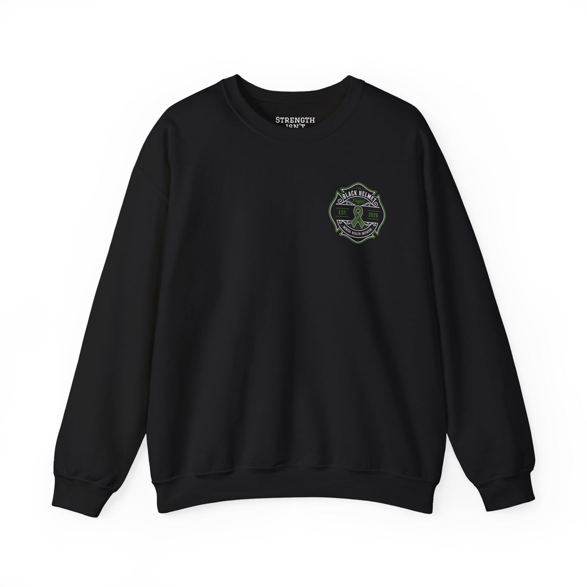 Crewneck Sweatshirt — Black Helmet Mental Health Awareness Badge (Green Ribbon, Est. 2026)