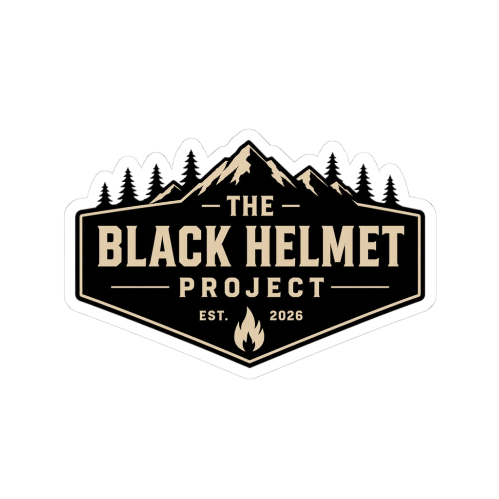 Black Helmet Project Sticker – Outdoor Adventure Logo Kiss-Cut Sticker (Est. 2026)